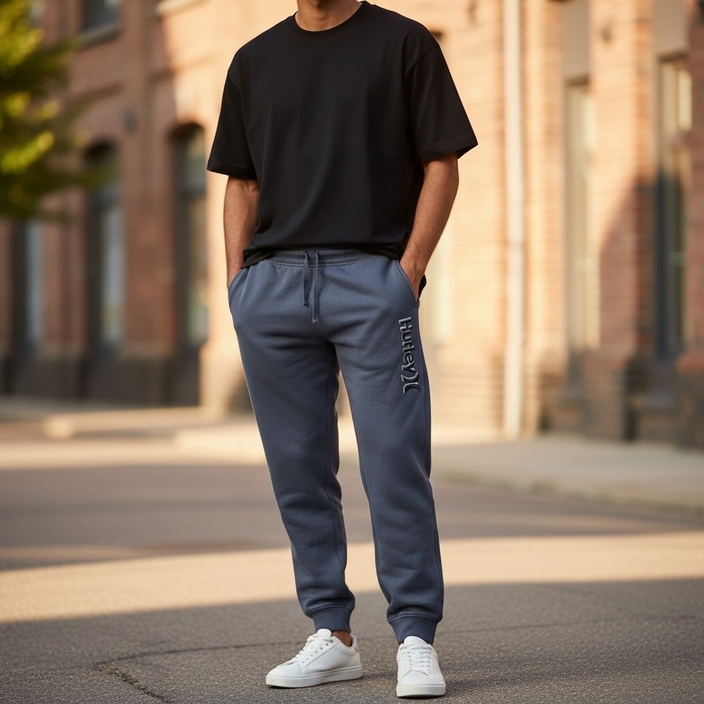 Hurley Mens Jogger‎ Sweatpants Blue Logo Elastic Waist Drawstring Comfort Fit